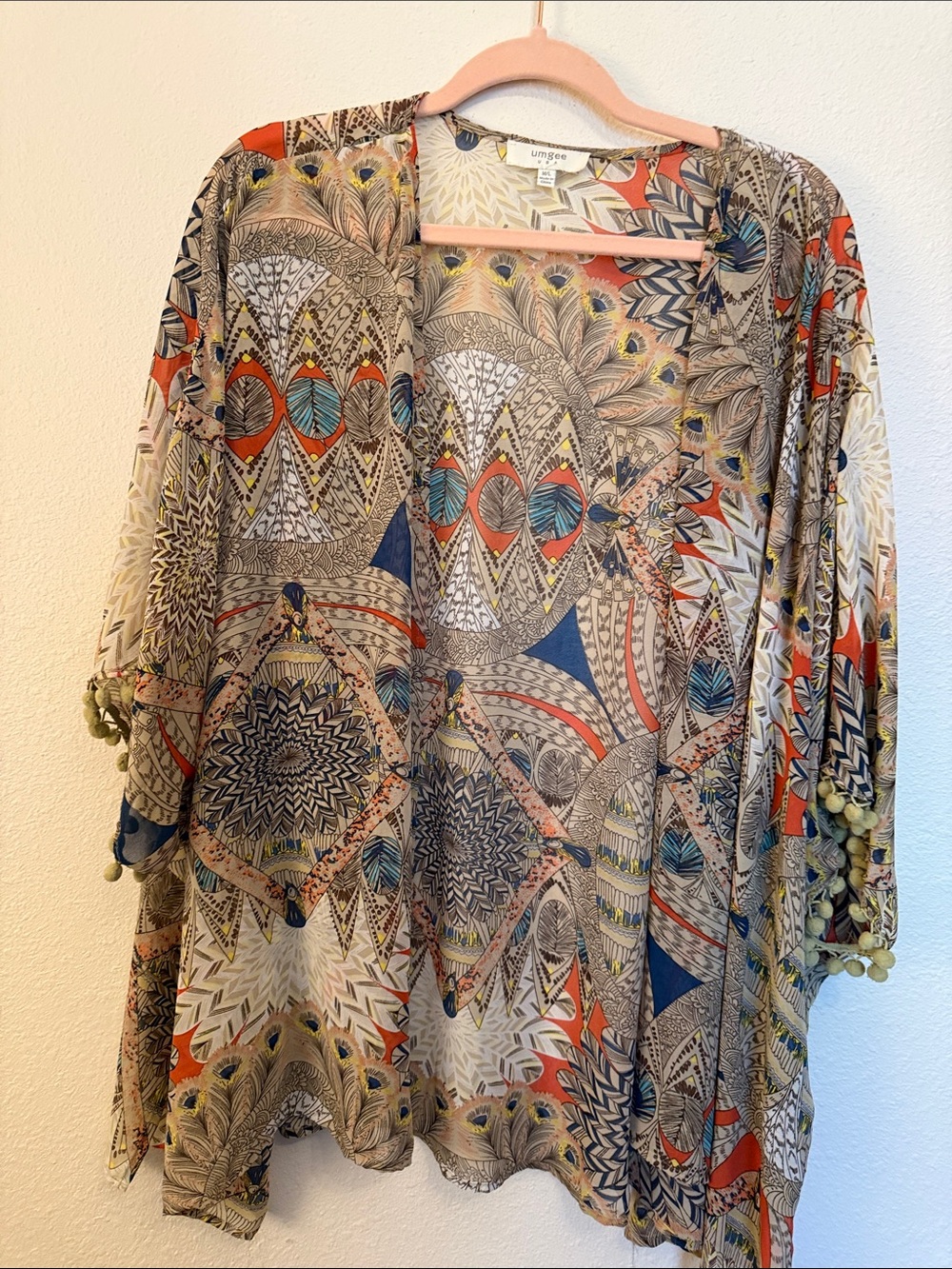 Umgee Beige Kimono Cardigan with Teal and Orange Accents